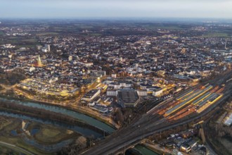 Aerial view, overview of Hamm at night, Technical Town Hall, station forecourt, Alleecenter ECE,