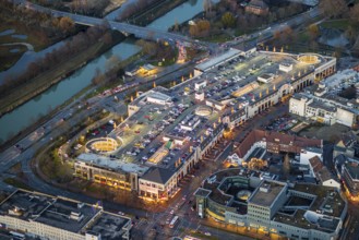 Aerial view, twilight view of Hamm, shopping centre Alleecenter Hamm, ECE, Mitte, Hamm, Ruhr area,