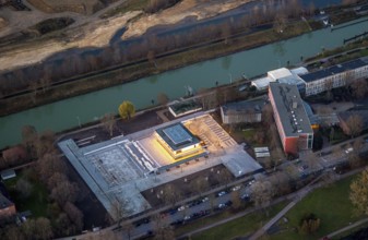Aerial view, water sports centre and the adjacent lock area, rowing club, water sports club,