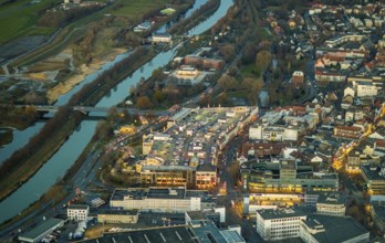 Aerial view, twilight view of Hamm, shopping centre Alleecenter Hamm, ECE, Mitte, Hamm, Ruhr area,
