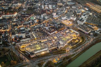 Aerial view, twilight view of Hamm, shopping centre Alleecenter Hamm, ECE, Mitte, Hamm, Ruhr area,