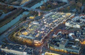 Aerial view, twilight view of Hamm, shopping centre Alleecenter Hamm, ECE, Mitte, Hamm, Ruhr area,