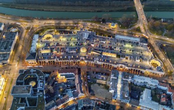 Aerial view, night view of Alleecenter, ECE, Rittepassage, shopping centre, city centre Hamm,