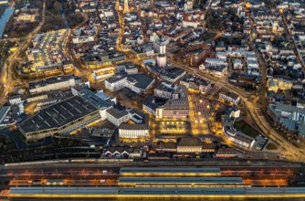 Aerial view, overview of Hamm at night, technical town hall, station forecourt, Alleecenter ECE,