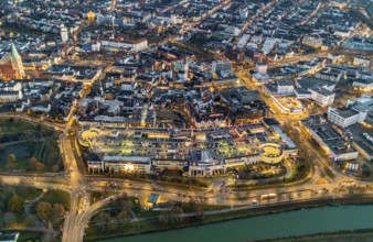 Aerial view, night view of Alleecenter, ECE, shopping centre, city centre Hamm, Mitte, Hamm, Ruhr