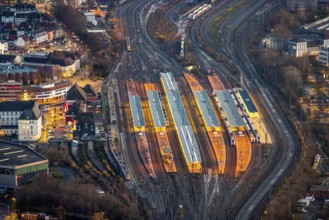 Aerial view, platforms, Hamm main station, twilight shot, night shot, station forecourt, ICE line,