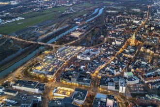 Aerial view, overview of Hamm at night, Technical Town Hall, Alleecenter ECE, Luther Church in the