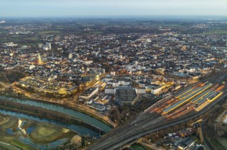 Aerial view, overview of Hamm at night, technical town hall, station forecourt, Alleecenter ECE,