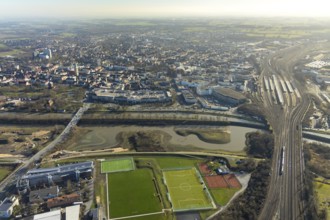 Aerial view, reconstruction Lippe, sports facility hockey and tennis club Hamm, Allee-Center, Hamm