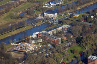 Aerial view, new construction water sports centre, construction area Adenauerallee, Gymnasium