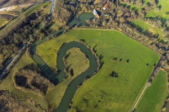 Aerial view, mill ditch, mill pond, oxbow lake of the Lippe, An der Schlossmühle, Hamm, Ruhr area,