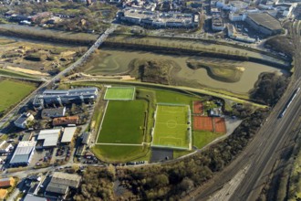 Aerial view, reconstruction Lippe, sports facility hockey and tennis club Hamm, Allee-Center, Hamm