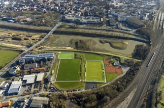 Aerial view, reconstruction Lippe, sports facility hockey and tennis club Hamm, Allee-Center, Hamm