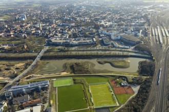 Aerial view, reconstruction Lippe, sports facility hockey and tennis club Hamm, Allee-Center, Hamm