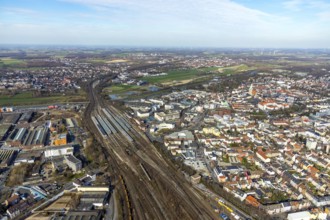 Aerial view, Hamm main station, city centre view, Hamm, Ruhr area, North Rhine-Westphalia, Germany,
