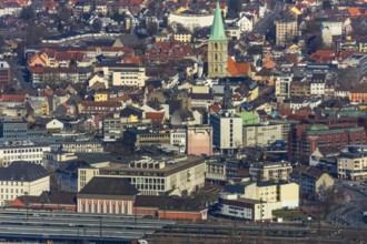 Aerial view, city centre view, Hamm main station, Evang. Pauluskirche, Hamm, Ruhr area, North