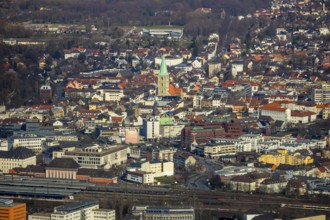 Aerial view, city centre view, Hamm main station, Evang. Pauluskirche, Hamm, Ruhr area, North
