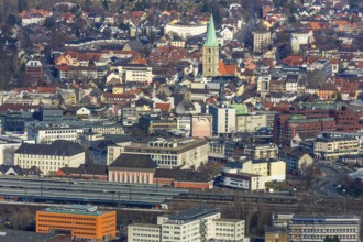 Aerial view, city centre view, Hamm main station, Evang. Pauluskirche, Hamm, Ruhr area, North