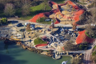 Aerial view, Maximilianpark Hamm, construction site renewal, reconstruction water playground,