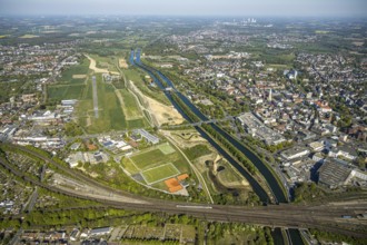 Aerial view, hockey and tennis club Hamm Philip-Reis-Straße, Lippe river, Hamm, Ruhr area, North