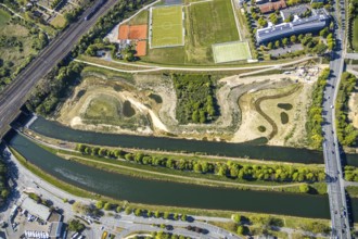 Aerial view, hockey and tennis club Hamm Philip-Reis-Straße, Lippe river, Hamm, Ruhr area, North