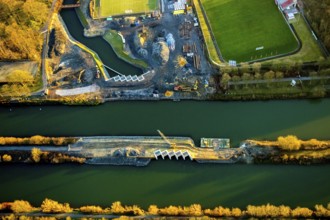 Aerial view, Datteln-Hamm canal, new Ahsedüker, Ahse, sheet pile wall, canal construction site,