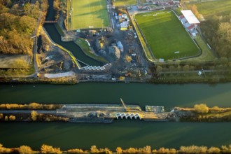 Aerial view, Datteln-Hamm canal, new Ahsedüker, Ahse, sheet pile wall, canal construction site,