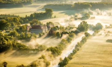 Aerial view, morning fog, Lippe river meadow, landscape in backlight, Oberwerries Castle, Hamm,