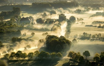 Aerial view, morning fog, Lippe river meadow, landscape in backlight, Oberwerries Castle, Hamm,