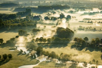 Aerial view, morning fog, Lippe river floodplain, landscape in backlight, Oberwerries Castle, Hamm,