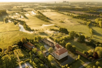 Aerial view, morning fog, Lippe river meadow, landscape in backlight, Oberwerries Castle, RWE power