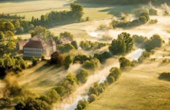Aerial view, morning fog, Lippe river meadow, landscape in backlight, Oberwerries Castle, Hamm,