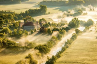 Aerial view, morning fog, Lippe river meadow, landscape in backlight, Oberwerries Castle, Hamm,