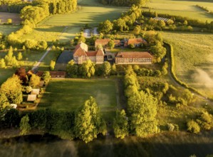 Aerial view, morning fog, Lippe river meadow, landscape in backlight, Oberwerries Castle, Hamm,