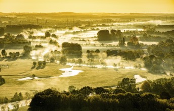 Aerial view, morning fog, Lippe river meadow, landscape in backlight, Oberwerries Castle, Hamm,