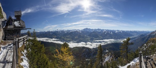 Peace chapel, Friedenskircherl am Stoderzinken, fog in the valley above the Enns Valley, panoramic
