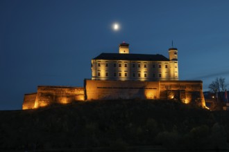 Moon over Trautenfels Castle, blue hour, near Irdning, Ennstal, Styria, Austria