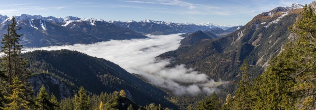 Autumn atmosphere, fog over the Enns Valley, snow on alpine mountain range, autumn leaves,
