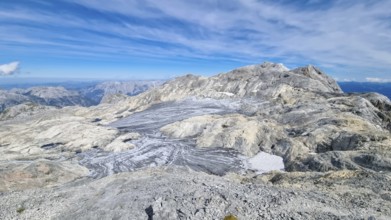 Remains of the Übergossene Alm glacier on the Hochkönig, symbol of glacier decline, view of the