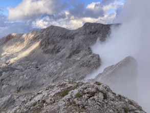 View from the summit of Wildalmkirchl with fog on the southern edge of the Steinernes Meer,