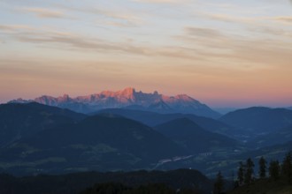 View from Mitterfeldalm to Hoher Dachstein at sunset, the Tauern motorway in the valley, Salzburg