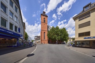 St. Quintin, church, pedestrian zone, traffic sign at the end of the pedestrian zone, residential