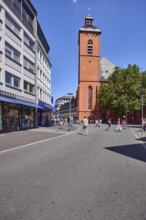 City center, church, St. Quintin, general architecture, pedestrians as a secondary motif, blue sky,