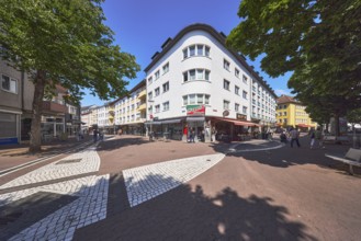 Pedestrian zone, city center, shops, retail, residential buildings and commercial buildings,