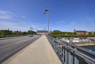 Car bridge and footbridge, Rhine river, bridge railings, sidewalk, lantern, street, lanes, cars,