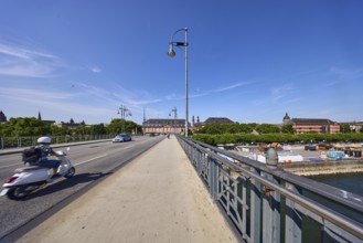 Car bridge and footbridge, Rhine river, bridge railing, sidewalk, lantern, road, lanes, cars,
