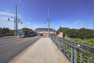 Car bridge and footbridge, bridge railing, bridgehead, lantern, public bus, line 56 bus, sidewalk,