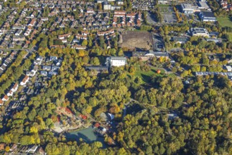 Aerial view, Maximilianpark amusement park with glass elephant, construction section of the green