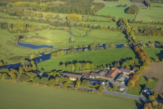 Aerial view, agricultural farm, Heinrich Freisfeld farm, river Lippe and Lippe floodplain, autumn