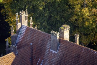 Aerial view, Heessen Castle private school and boarding school, stork nest on the roof fireplace,